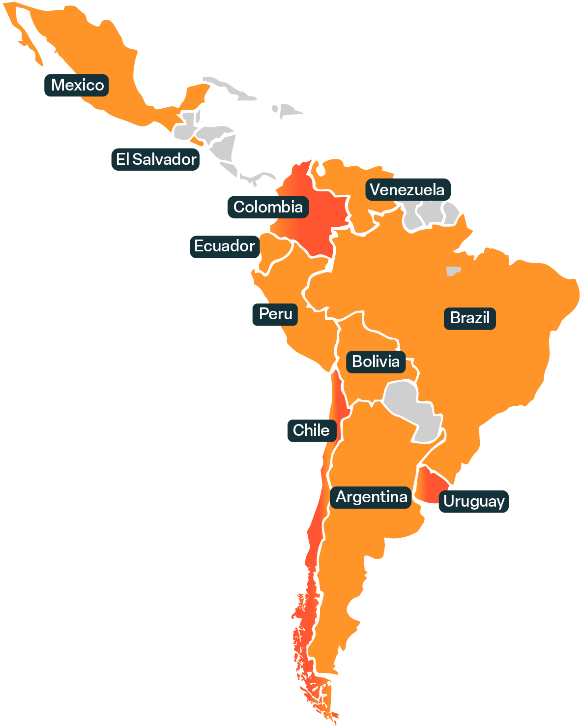 Mapa de países vinculados al alcance geográfico de las convocatorias