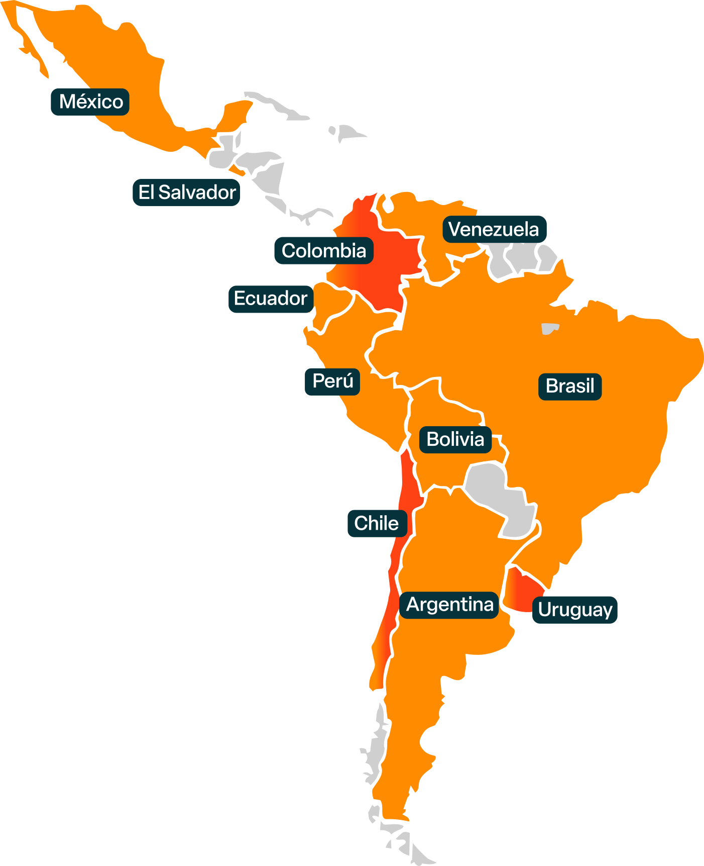 Mapa de países vinculados al alcance geográfico de las convocatorias